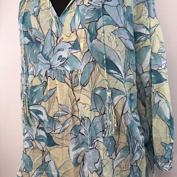 Tyler Boe Blue Green Blouse Abstract Floral Split Neck Tassel 3/4 Sleeve Large L - Picture 3 of 8